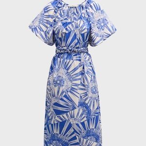Marie Oliver Foster Geo-Print Blouson-Sleeve Midi Dress Small MSRP $398 NWT